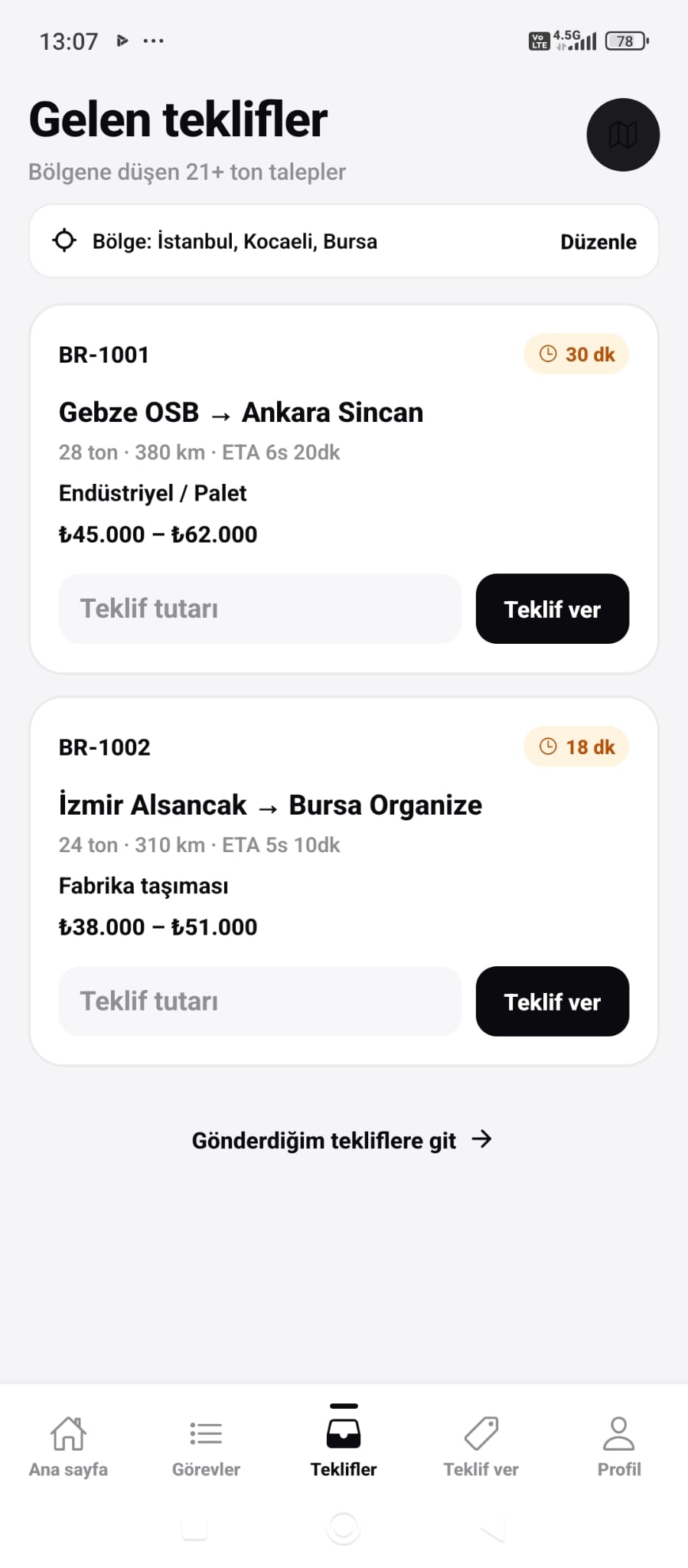 Gelen teklifler ekranı