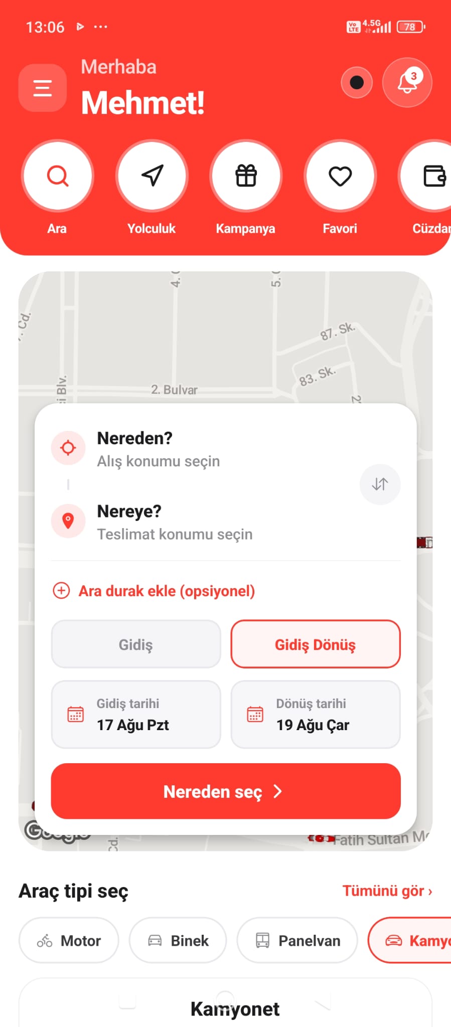 iyizigo müşteri uygulaması ana ekranı